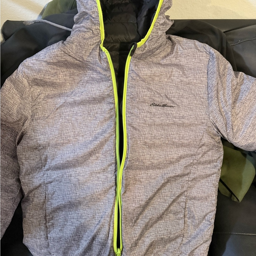 Eddie Bauer Heathered Gray Jacket with Bright Yellow Trim